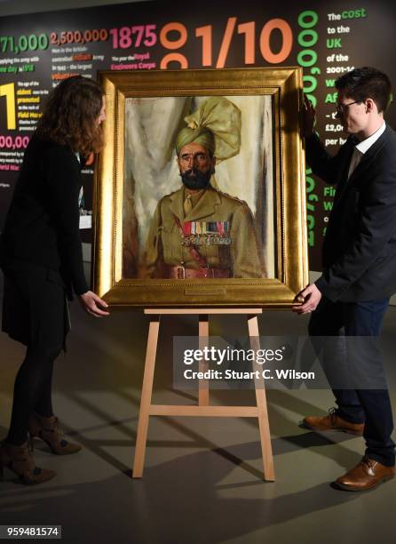 An official portrait of Khudadad Khan VC, the First Indian Recipient of the Victoria Cross, is placed on an easle for viewing during a commemoration...