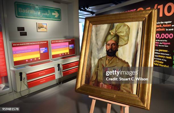 An official portrait of Khudadad Khan VC, the First Indian Recipient of the Victoria Cross, is placed on an easle for viewing during a commemoration...