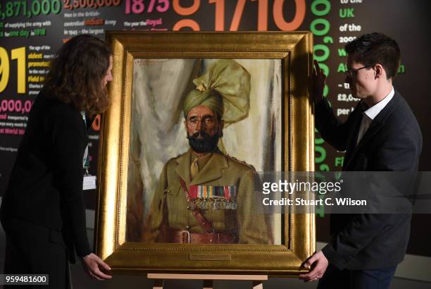 An official portrait of Khudadad Khan VC, the First Indian Recipient of the Victoria Cross, is placed on an easle for viewing during a commemoration...