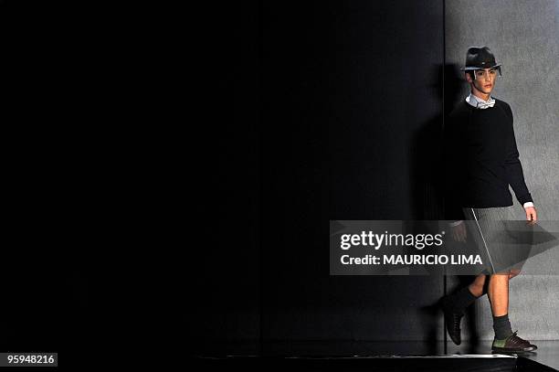 Model presents a creation by Reserva, as part of the 2010-2011 Fall-Winter collections of the Sao Paulo Fashion Week, in Sao Paulo, Brazil, on...