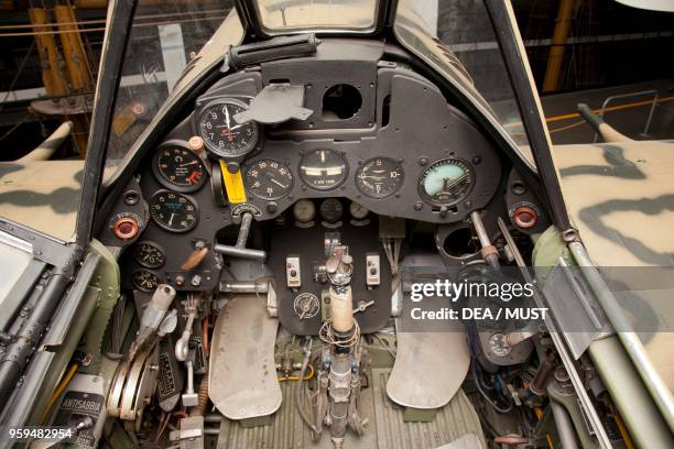 Cockpit of a Macchi MC 205 Veltro fighter monoplane designed by Mario Castoldi. Italy, 20th century.