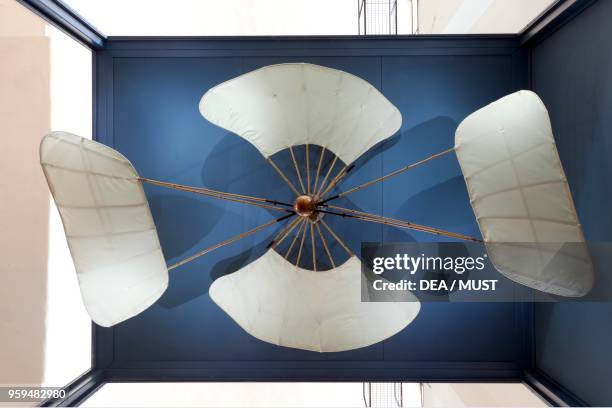 Experimental helicopter with steam engine and two counter-rotating propellers top view, designed by Enrico Forlanini. Italy, 19th century.