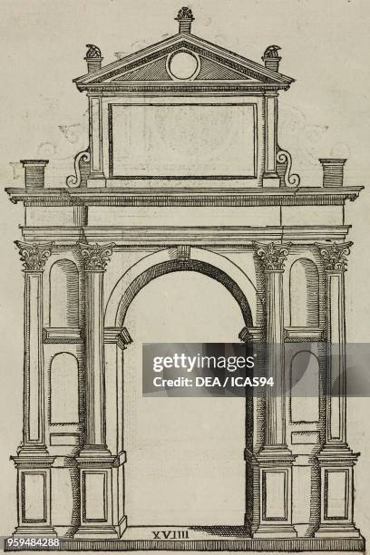 Arched doorway with four Corinthian columns, niches and tympanum, engraving from Sebastiani Serlii Bononiensis De Architectura libri quinque ,...