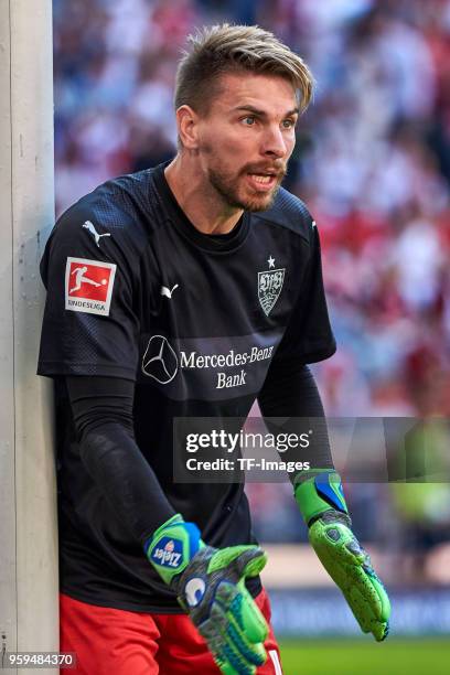 Goalkeeper Ron-Robert Zieler of Stuttgart gestures during the Bundesliga match between FC Bayern Muenchen and VfB Stuttgart at Allianz Arena on May...