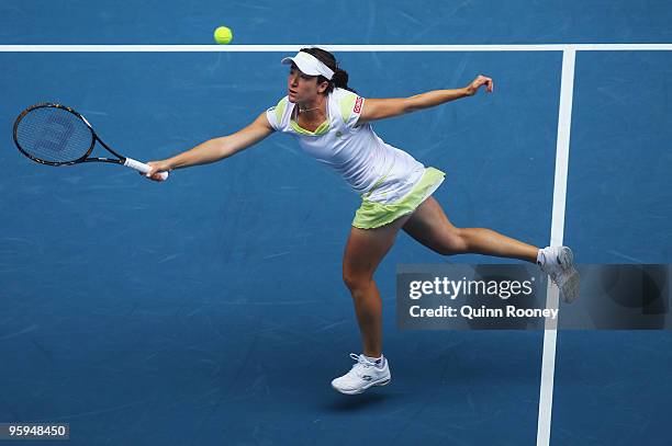 Alberta Brianti of Italy plays a forehand in her third round match against Samantha Stosur of Australia during day six of the 2010 Australian Open at...