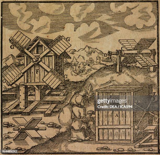 Ventilation systems to create aeration in mine tunnels, engraving from De Re Metallica , by Georg Agricola, published in Basel in 1561.