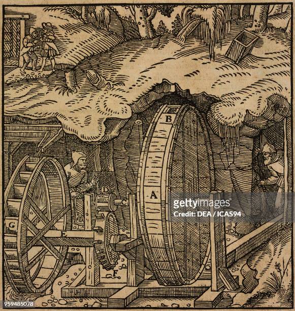 Forced ventilation system for the aeration of mine tunnels, using a vertical hydraulic mill driven by a fall of water, engraving from De Re Metallica...
