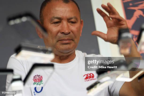 England coach Eddie Jones is reflected in a table during an England RFU media briefing at Brighton Marina on May 17, 2018 in Brighton, England.