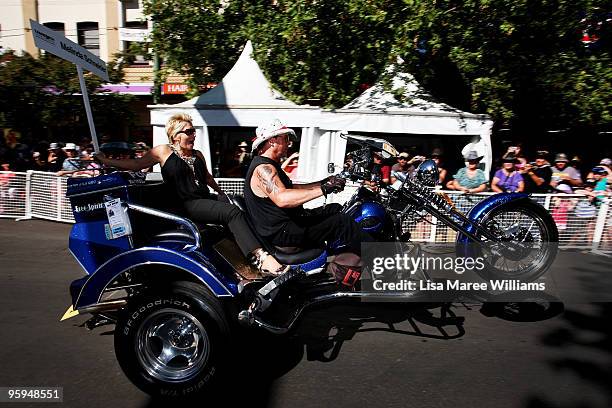 Country singer Melinda Schneider sits on the back of a trike during the Tamworth Country Music Festival Cavalcade on Peel Street on January 23, 2010...