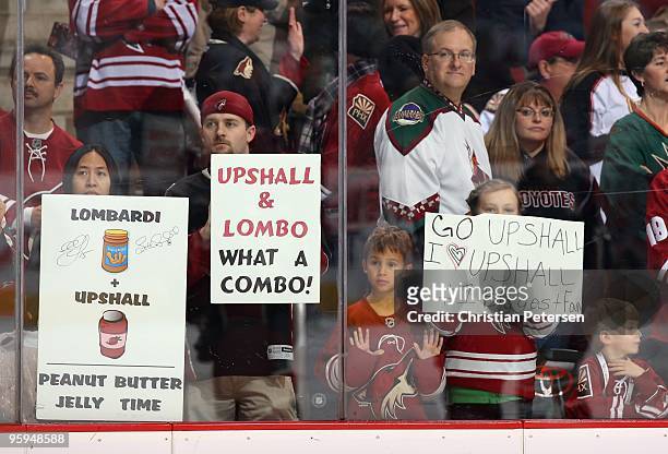 Fans of the Phoenix Coyotes watch warm ups prior to the NHL game against the Minnesota Wild at Jobing.com Arena on January 16, 2010 in Glendale,...