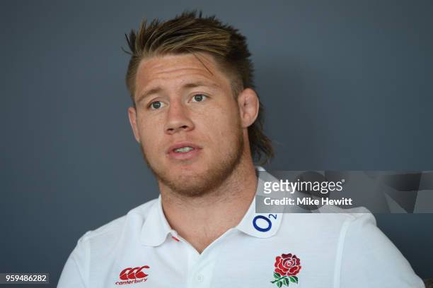 Teimana Harrison of England talks to journalists during an England RFU media briefing at Brighton Marina on May 17, 2018 in Brighton, England.