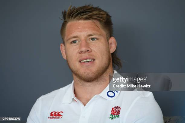 Teimana Harrison of England talks to journalists during an England RFU media briefing at Brighton Marina on May 17, 2018 in Brighton, England.