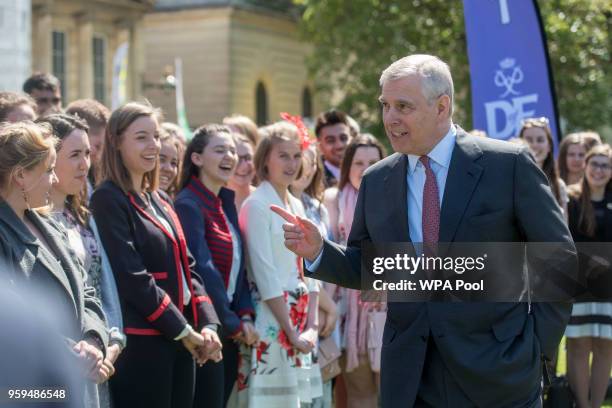 Prince Andrew, Duke of York talks to young people who have achieved their Gold Awards during a ceremony for the Duke of Edinburgh's Award in the...