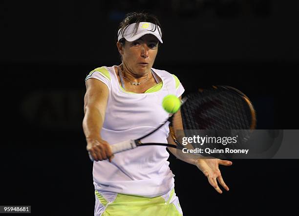 Alberta Brianti of Italy plays a backhand in her third round match against Samantha Stosur of Australia during day six of the 2010 Australian Open at...