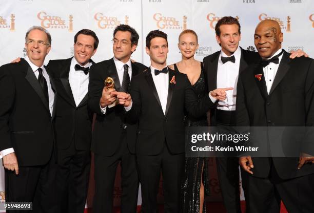 Actors Ed Helms, Justin Bartha, director Todd Phillips, actress Heather Graham, actor Bradley Cooper and former heavyweight boxer Mike Tyson pose in...