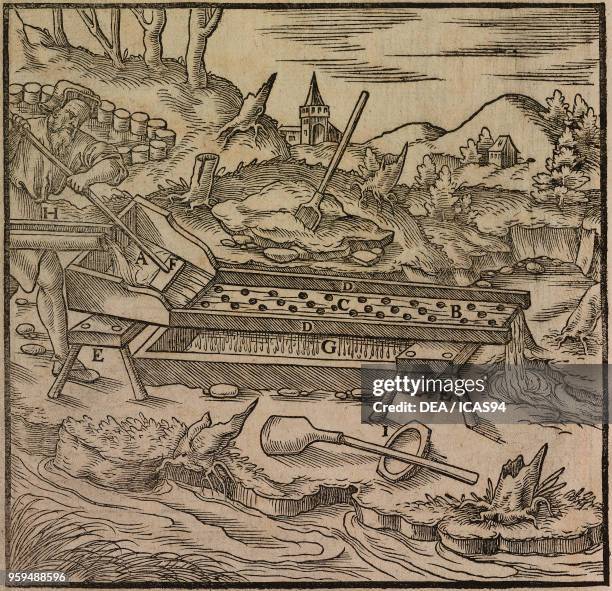Sifting and washing metal ores containing gold, engraving from De Re Metallica , by Georg Agricola, published in Basel in 1561.