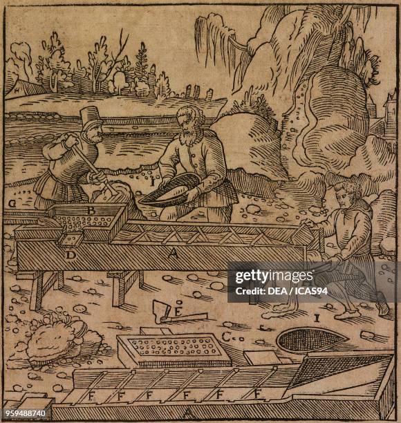 Sifting and washing metal ores containing gold, engraving from De Re Metallica , by Georg Agricola, published in Basel in 1561.