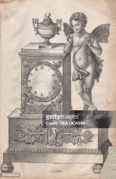 Bronze table clock on a plinth base with a statue depicting Zephyr. Engraving, 19th century.