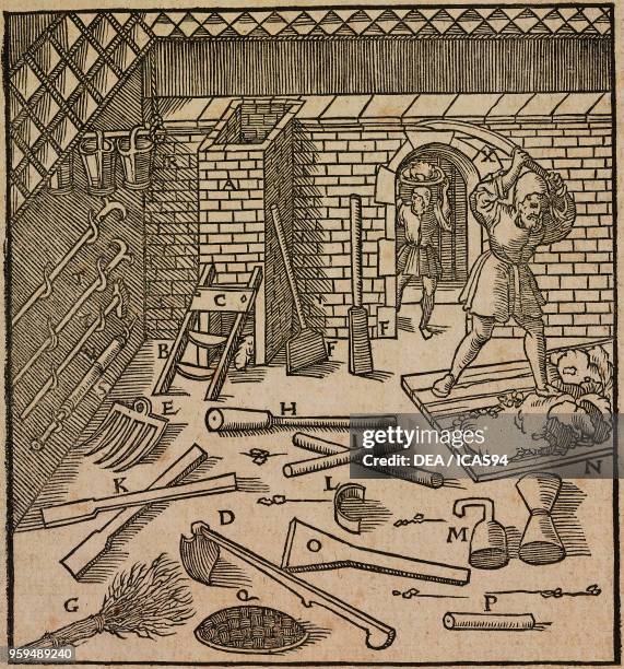 Preparing coal and earth mixture to be used as fuel in mineral fusion ovens, engraving from De Re Metallica , by Georg Agricola, published in Basel...