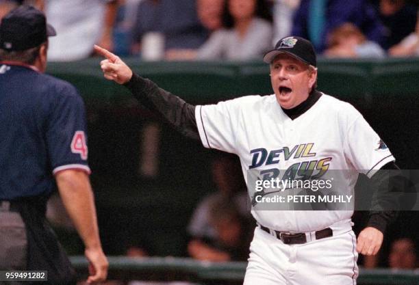 Tampa Bay Devil Rays manager Larry Rothschild is ejected after arguing with the home plate umpire's call in the sixth inning at the Tropicania Field...