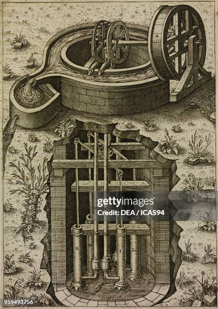Machine for raising water from a well by a man turning a wheel, engraving from Le diverse et artificiose machine del Capitano Agostino Ramelli , 1588.