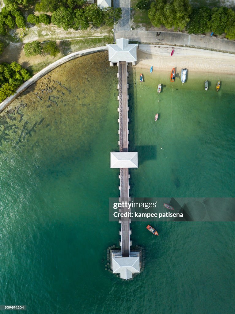 Aerial shot of Asadang wood bridge at Sichang island Thailand, Koh Sichang, Beautiful Wood bridge in Thailand, Travel Thailand