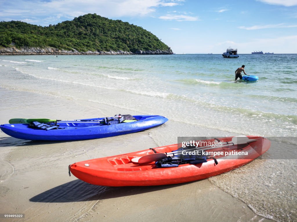 Chonburi, Thailand-May 6, 2018: Unidentified tourist swimming at Jhakhrapong Point (End of Tham Pang Point). famous beach at Sichang island in Thailand.