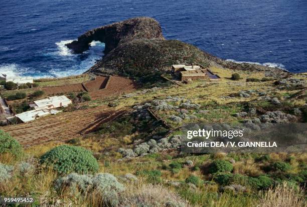 View of the Arco dell'Elefante , Cala Levante, Pantelleria Island, Sicily, Italy.