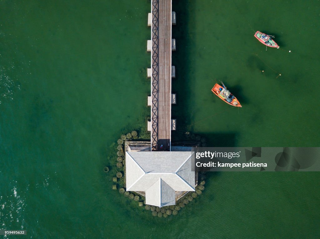 Aerial shot of Asadang wood bridge at Sichang island Thailand, Koh Sichang, Beautiful Wood bridge in Thailand, Travel Thailand