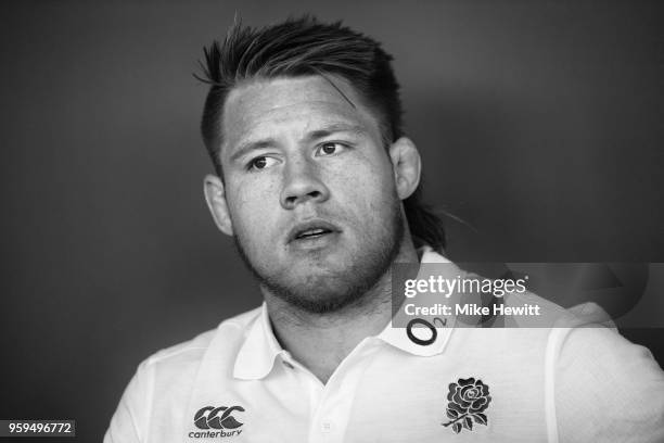 Teimana Harrison of England talks to journalists during an England RFU media briefing at Brighton Marina on May 17, 2018 in Brighton, England.