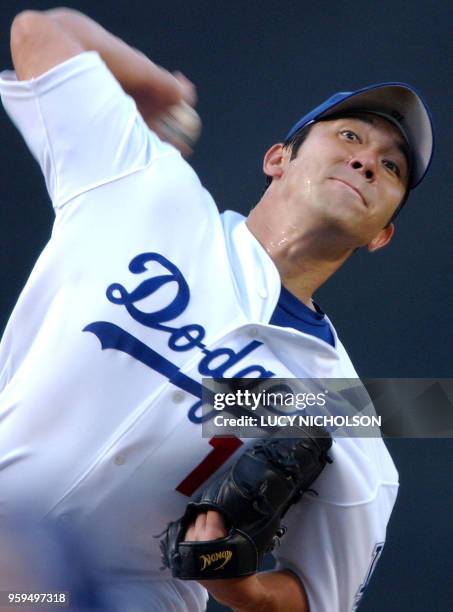 Los Angeles Dodgers' Hideo Nomo pitches against the Arizona Diamondbacks in the top of the first inning 11 July 2002 in Los Angeles, CA. AFP...