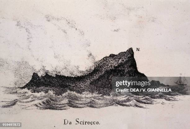 Graham Island during the destructive phase old print, Sicily, Italy.