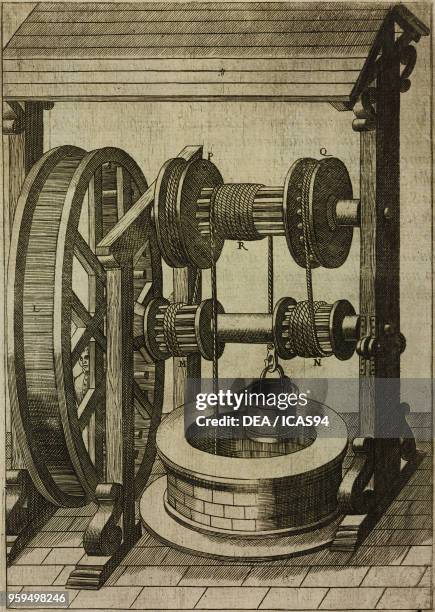 Machine for drawing water from a well by a wheel operated by a man and a system of ropes connected to pulleys, engraving from Le diverse et...