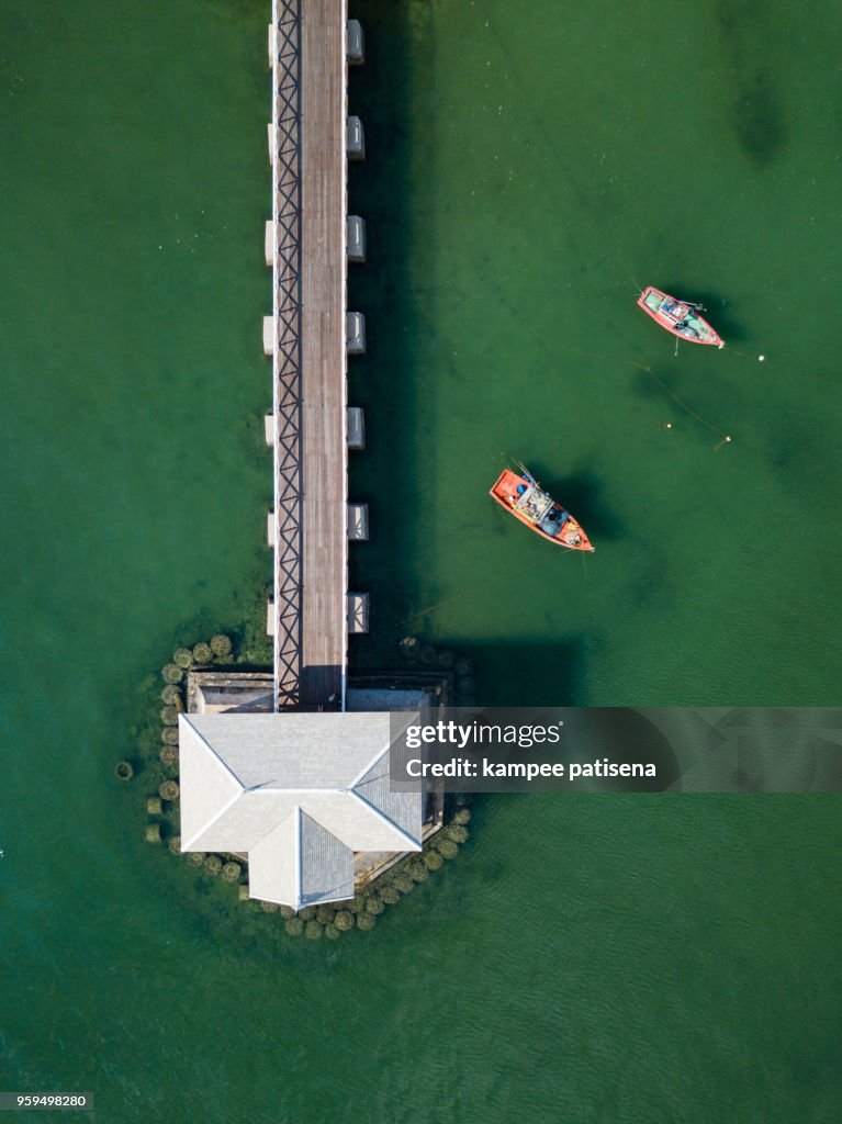 Aerial shot of Asadang wood bridge at Sichang island Thailand, Koh Sichang, Beautiful Wood bridge in Thailand, Travel Thailand