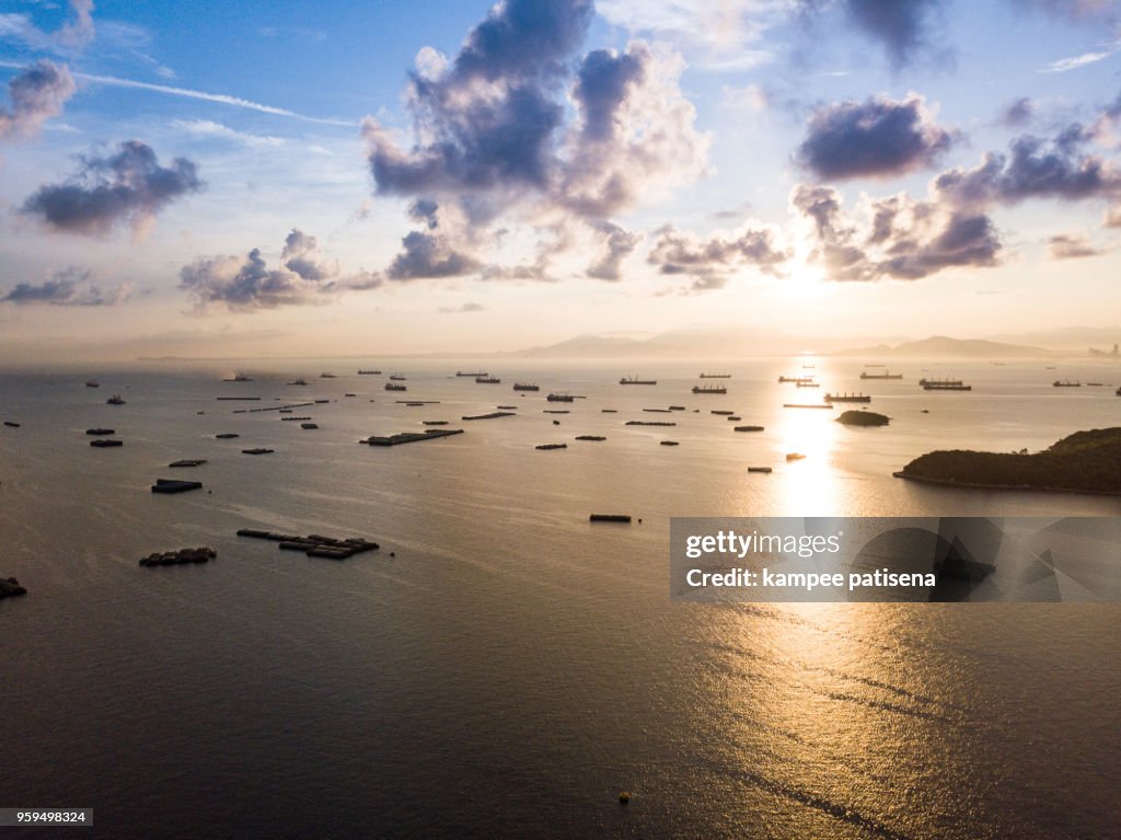 Container Ship around Koh Sichang during Sunrise.