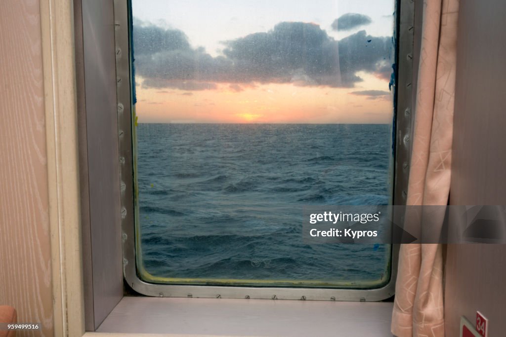Europe, Greece, 2018: View Of Sunrise Over Ocean From A Greek Ferryboat