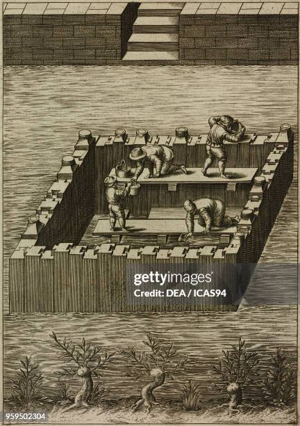 Construction of a cofferdam to create the foundation in a river, engraving from Le diverse et artificiose machine del Capitano Agostino Ramelli ,...