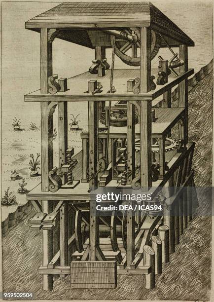 Hydraulic mill with vertical wheel for grinding wheat, implanted into the middle of a river, engraving from Le diverse et artificiose machine del...
