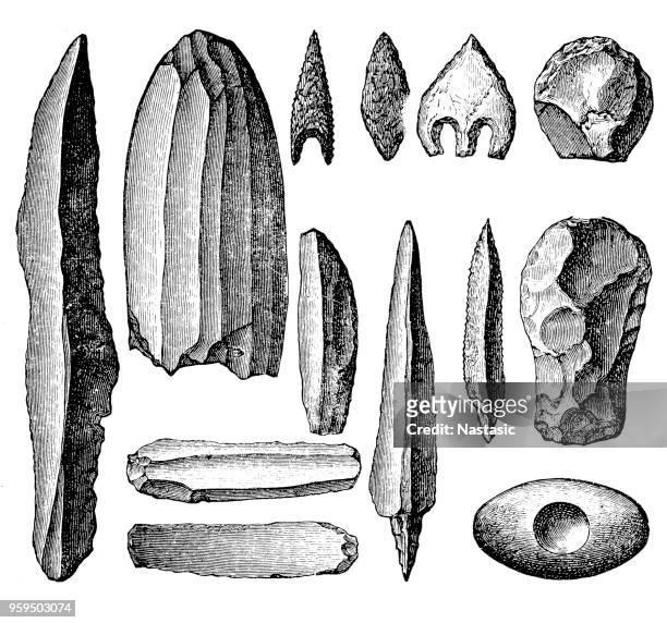 neolithic tools and weapons - prehistoric era stock illustrations