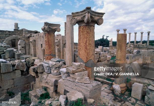 Columns in the port area, Leptis Magna , Libya, Roman civilization, 2nd century.