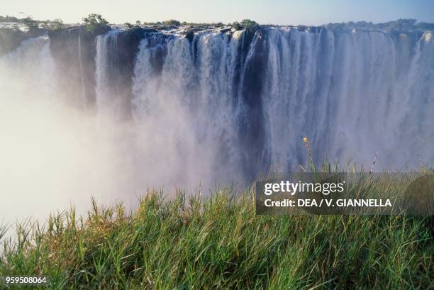 The Victoria Falls on the Zambezi River, Mosi-oa-Tunya National Park, Zambia, and Victoria Falls National Park, Zimbabwe.