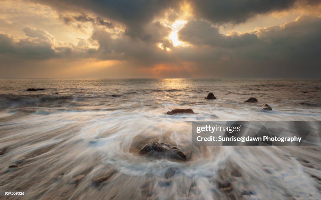 Lone Rock, White Waves and Golden Sunset