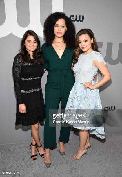 Melonie Diaz, Madeleine Mantock and Sarah Jeffery attend The CW Network's 2018 upfront at The London Hotel on May 17, 2018 in New York City.