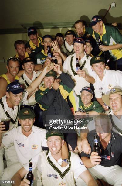The Australia team celebrate after claiming the Ashes after the Third Ashes Test match between England and Australia played at Trent Bridge in...