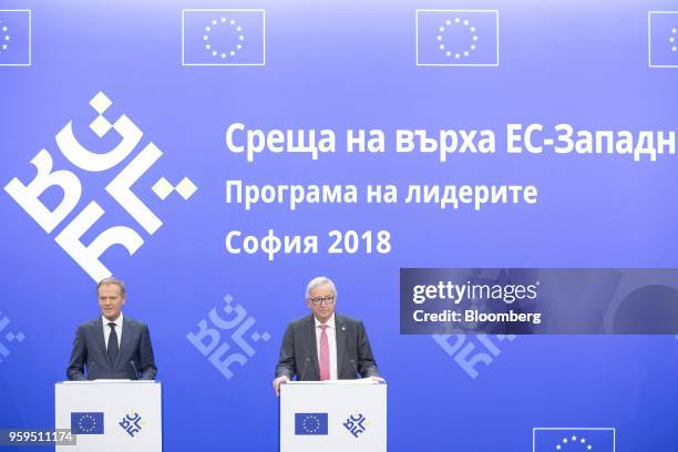 Donald Tusk, president of the European Union , left, speaks beside Jean-Claude Juncker, president of the European Commission, during a news...