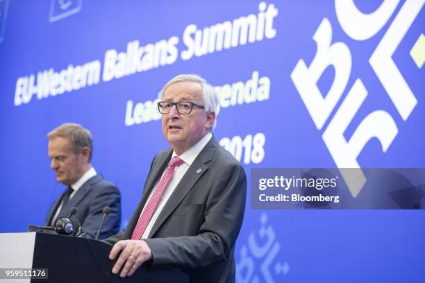 Jean-Claude Juncker, president of the European Commission, right, speaks beside Donald Tusk, president of the European Union , during a news...