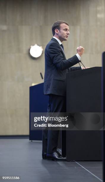 Emmanuel Macron, France's president, gestures while speaking during a news conference at a European Union and Balkan leaders summit in Sofia,...