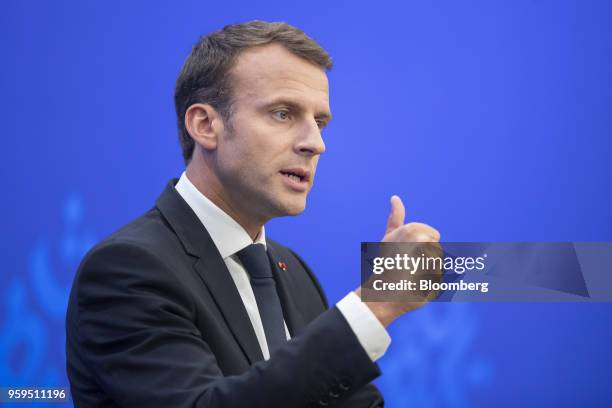 Emmanuel Macron, France's president, gestures while speaking during a news conference at a European Union and Balkan leaders summit in Sofia,...