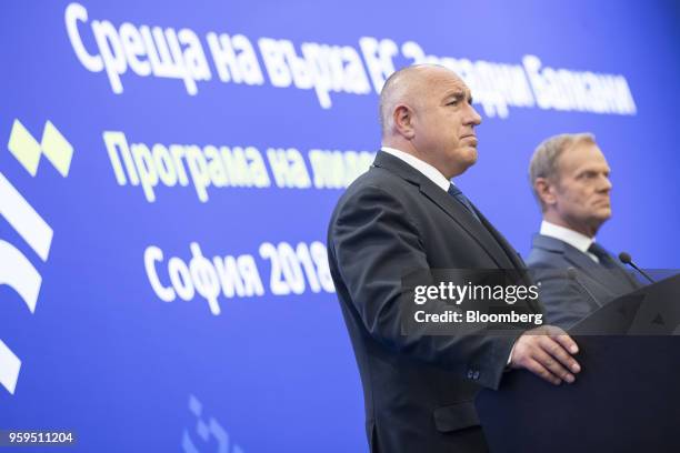 Boyko Borissov, Bulgaria's prime minister, left, pauses as he stands beside Donald Tusk, president of the European Union , during a news conference...