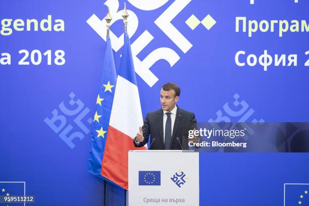 Emmanuel Macron, France's president, gestures while speaking during a news conference at a European Union and Balkan leaders summit in Sofia,...